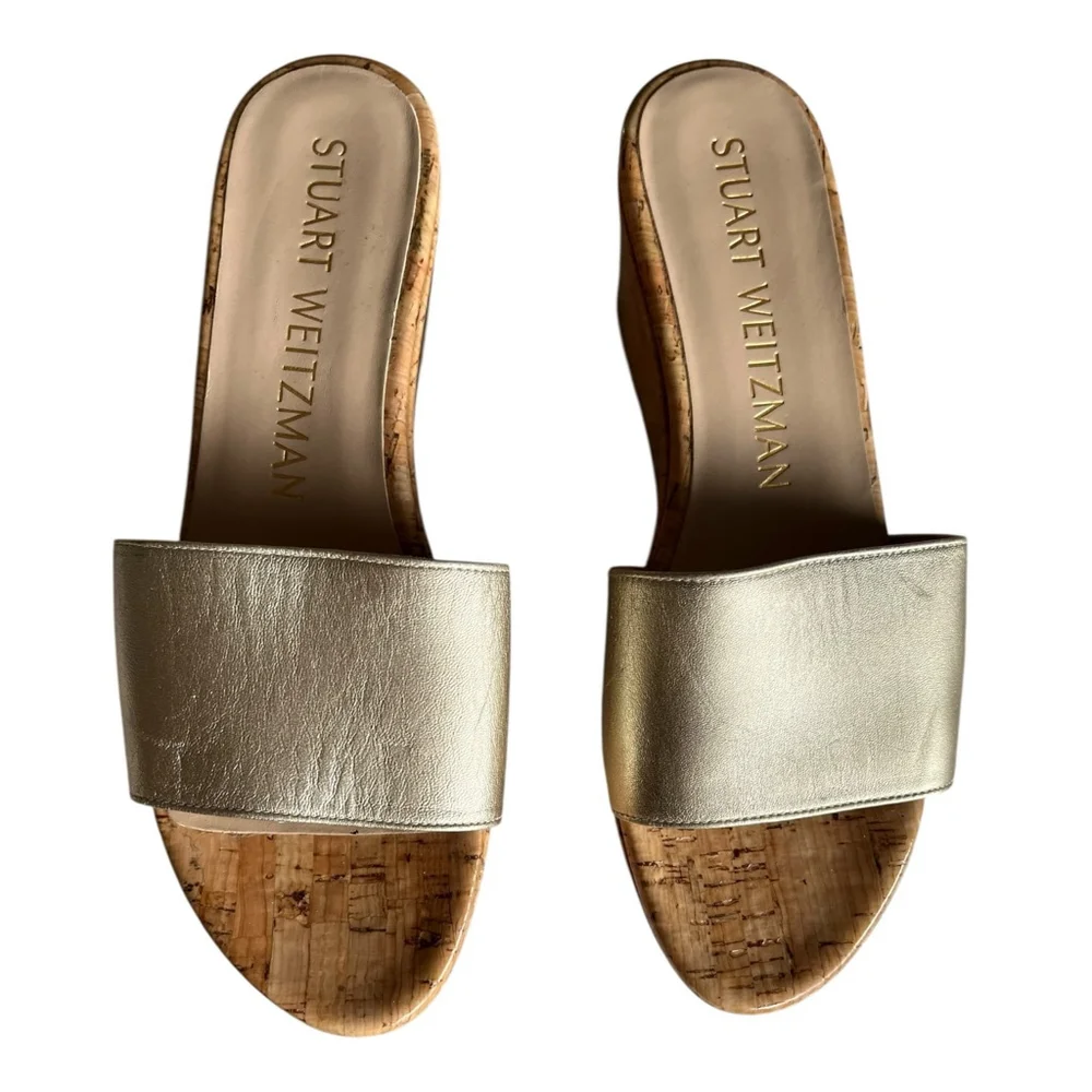 Women's Stuart Weitzman Gold Cork Wedge Platform Sandals Shoes 7.5 - Picture 4 of 7